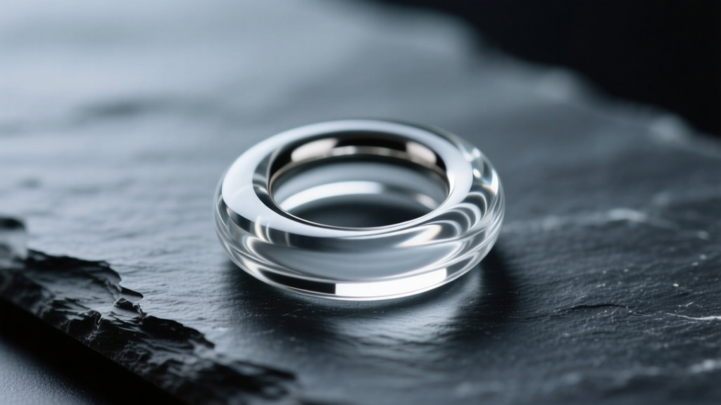 Macro photo of a clear borosilicate glass ear retainer with an O-ring back, resting on dark slate under soft studio lighting.