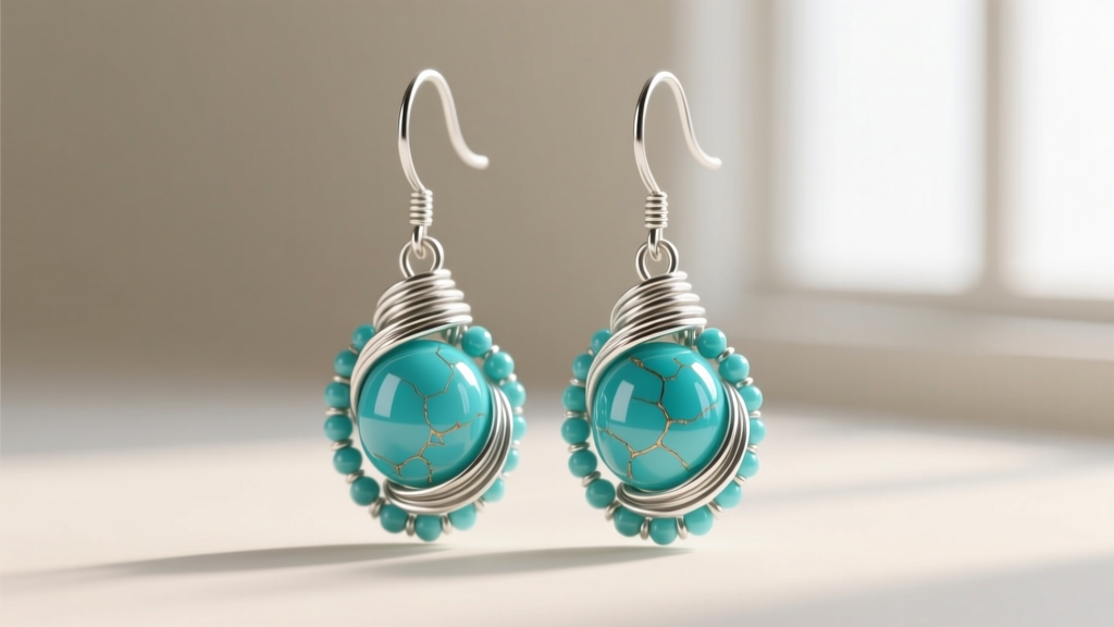 Macro shot of beaded dangle earrings with turquoise stones wrapped in 22-gauge tarnish-resistant Argentium silver wire.