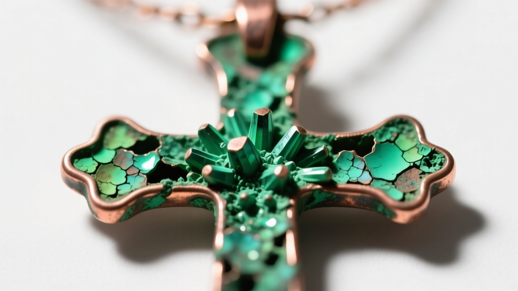 Macro shot of green verdigris patina in a copper cross necklace crevice, showing corrosion structures under bright studio light.
