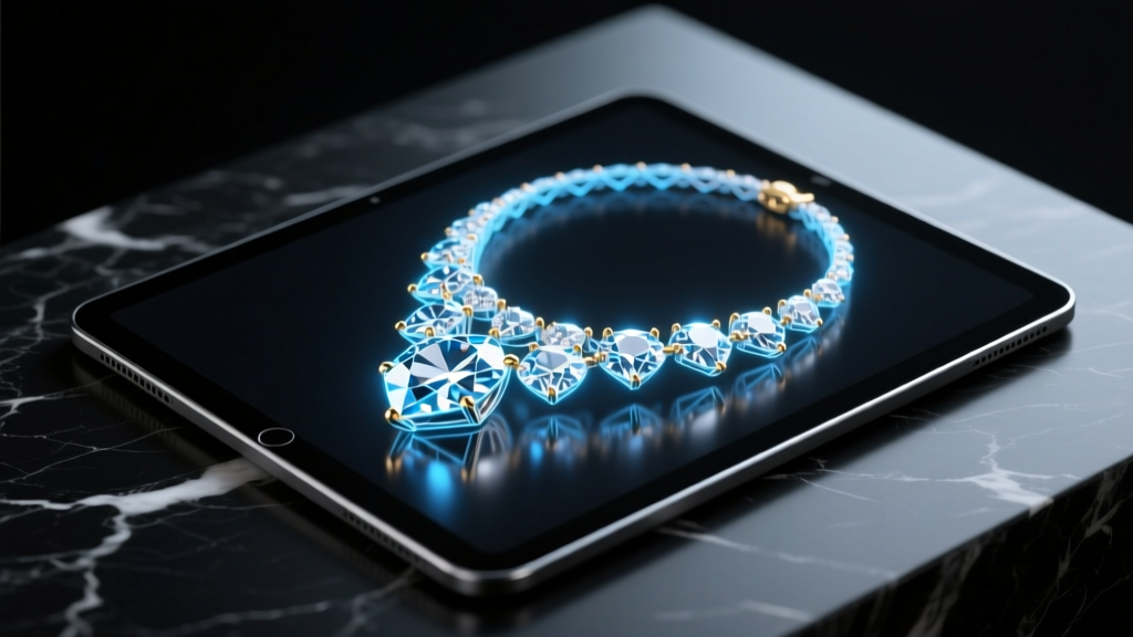 Digital tablet displaying a 3D CAD wireframe rendering of a diamond pendant necklace glowing against a dark studio background.