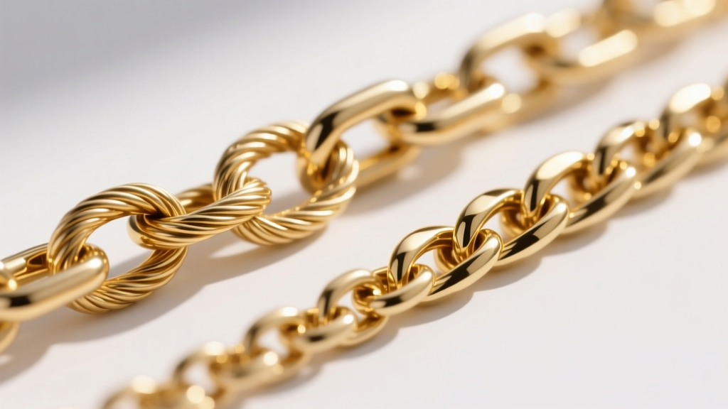 Macro shot of a 14k gold cable chain next to an 18k gold box chain, showing distinct link structures and color depth differences