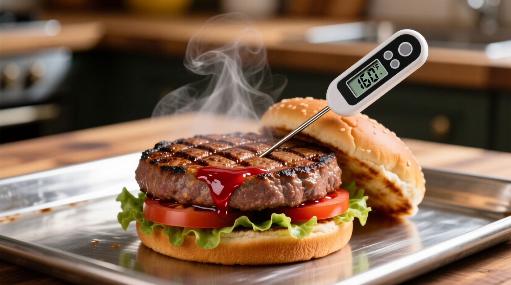 Juicy beef burger on baking sheet with thermometer reading