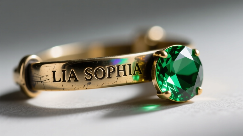 Macro shot of a vintage jewelry clasp showing a stamped LIA SOPHIA hallmark and a small green glass crystal under directional light.