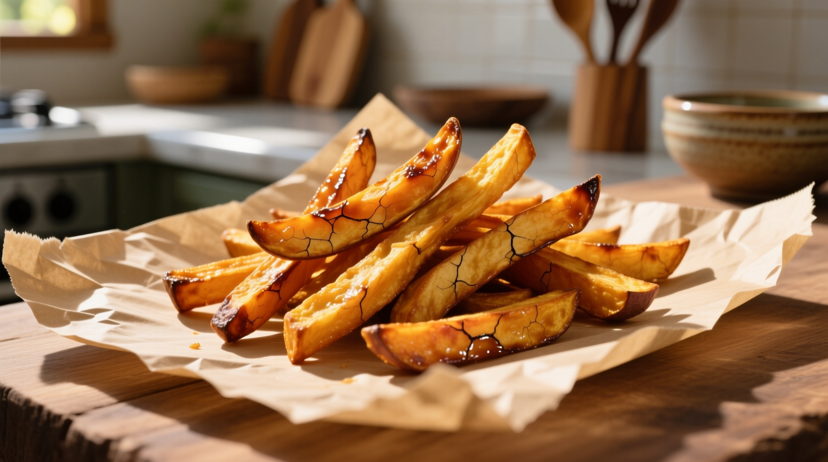 Perfect golden sweet potato fries on parchment paper