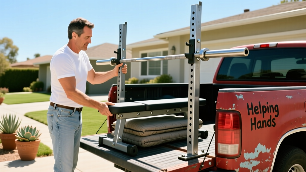A homeowner carefully loading a disassembled steel weight bench into the back of a charity pickup truck for local donation.