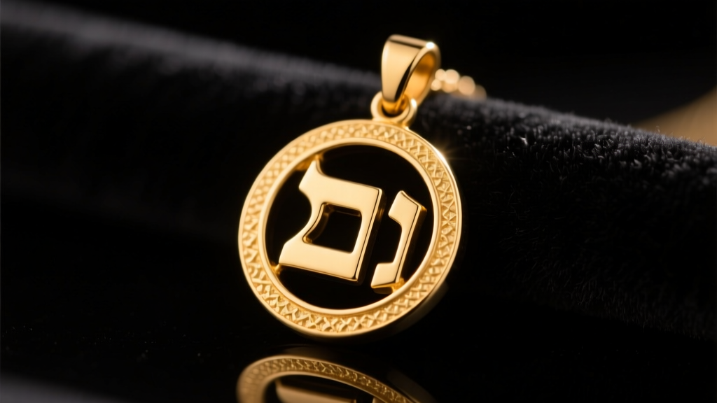 Macro shot of a 14k yellow gold Jewish chai pendant on dark velvet under warm lighting, showing the Chet and Yud Hebrew letters.