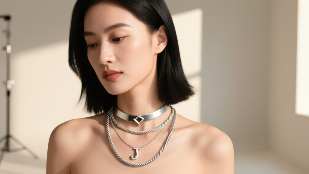 Woman wearing a layered stack with a 14-inch silver choker, a 16-inch J initial silver necklace, and an 18-inch plain rope chain