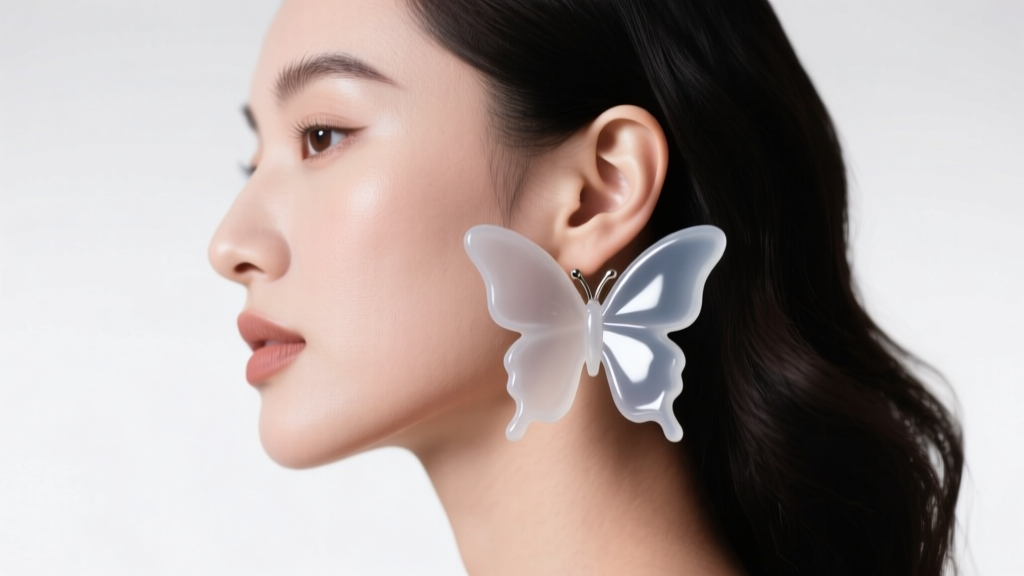 Side profile of a woman wearing heavy large butterfly earrings with clear silicone backs, showing perfect lobe alignment.