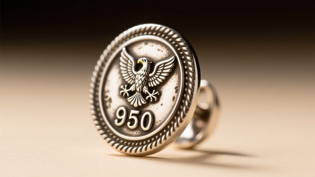 Macro shot of a vintage Mexican silver earring hallmark stamped with an eagle mark and the number 950 under bright jeweler lighting.