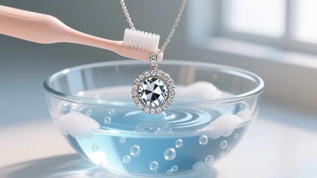 Soft baby toothbrush cleaning the underside of a diamond circle pendant submerged in soapy water in a clear glass bowl.