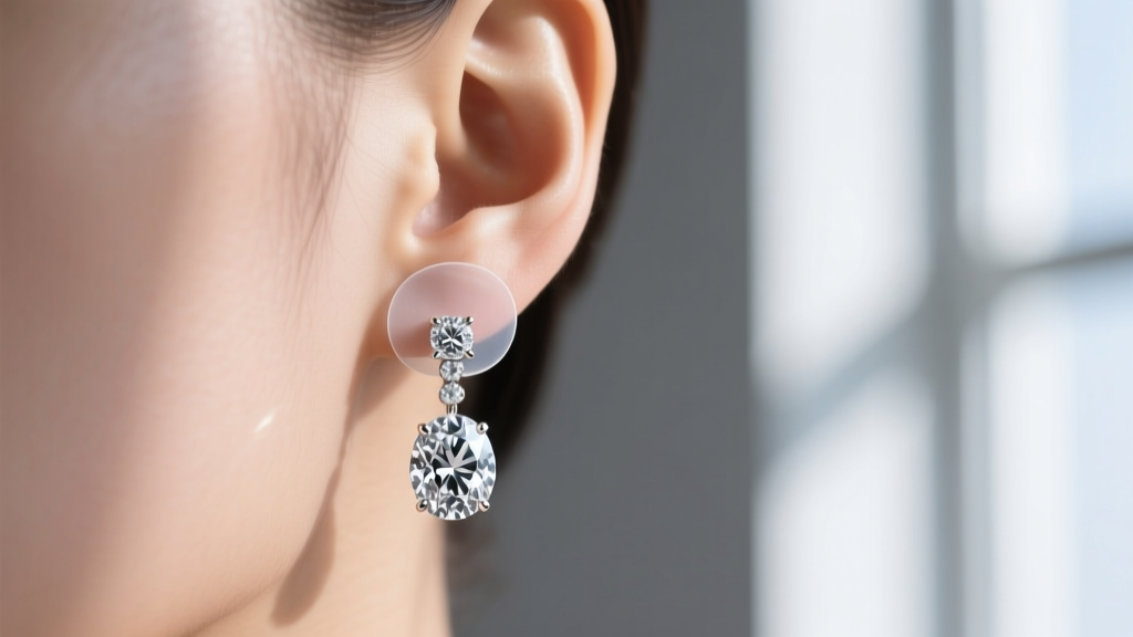 Close-up of an earlobe wearing a heavy diamond drop earring supported by a clear patented polyurethane patch to prevent drooping
