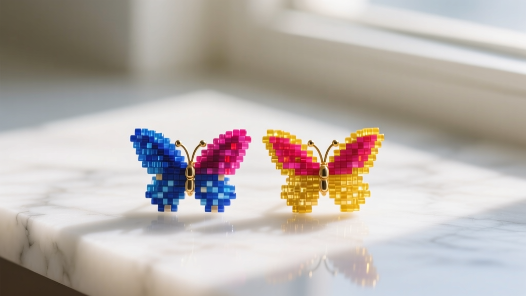 Close-up of vibrant Miyuki seed bead butterfly earrings resting on white marble, reflecting soft natural morning light and shadow.