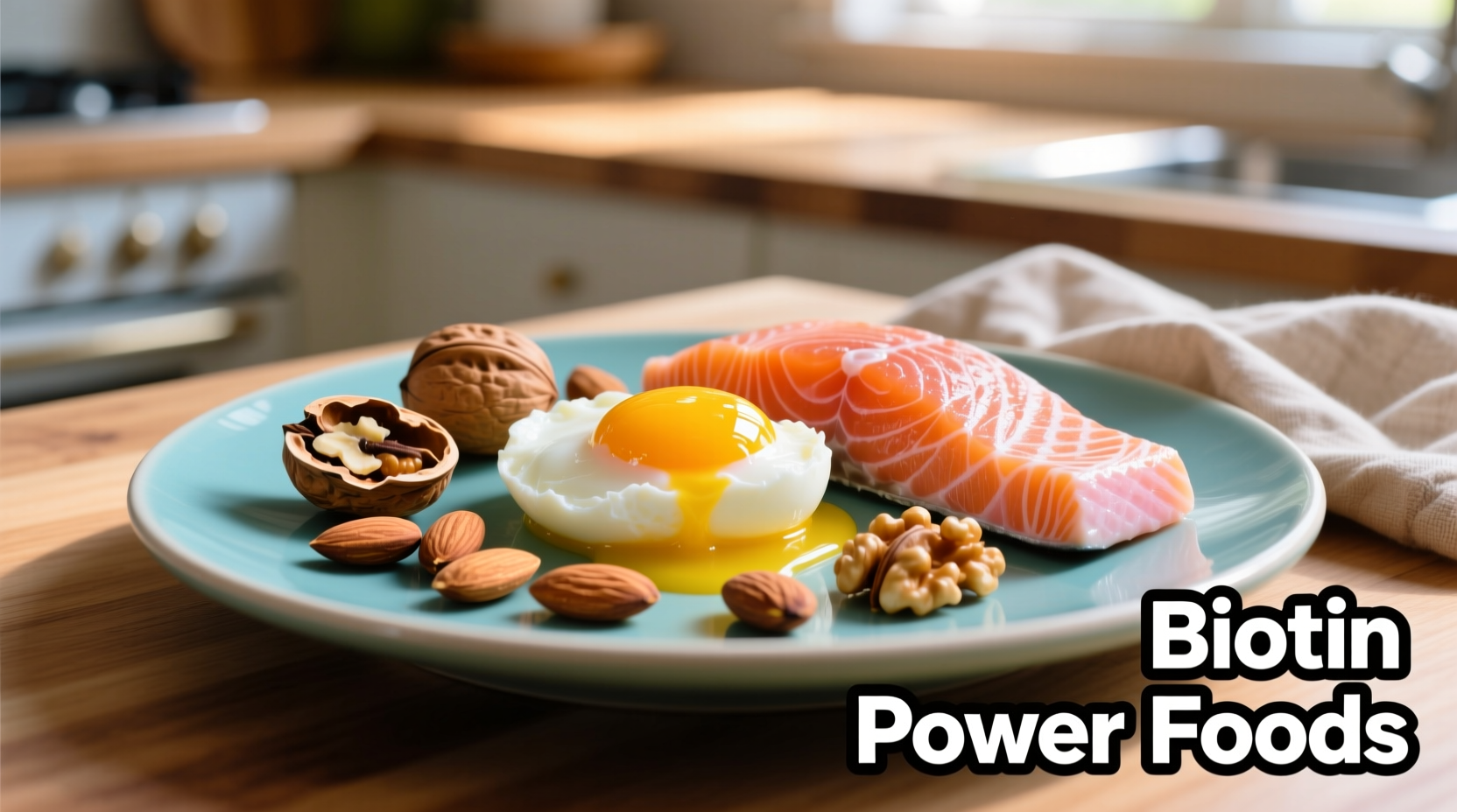 Colorful plate of biotin-rich foods including eggs, nuts, and salmon