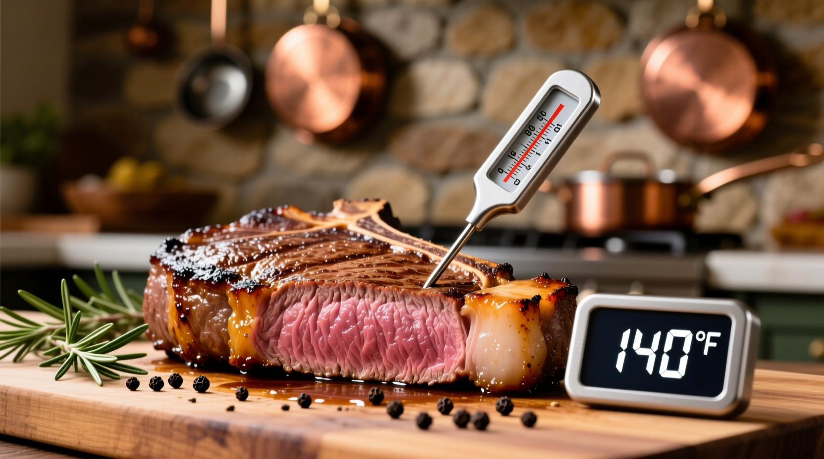 Medium cooked steak with thermometer showing 140 degrees