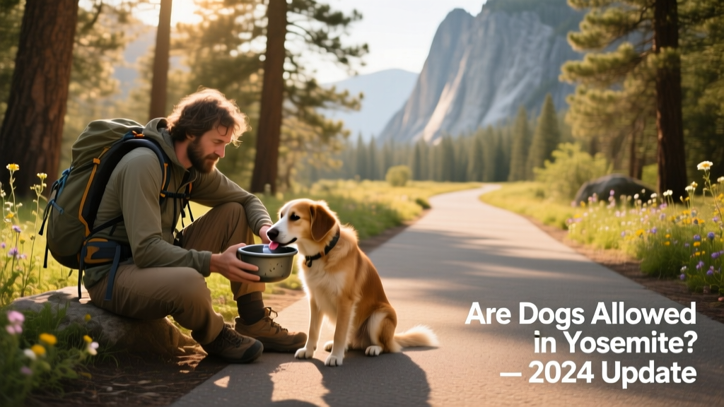 A hiker holding a water bowl while their dog drinks during a break on a sunny paved trail in Yosemite