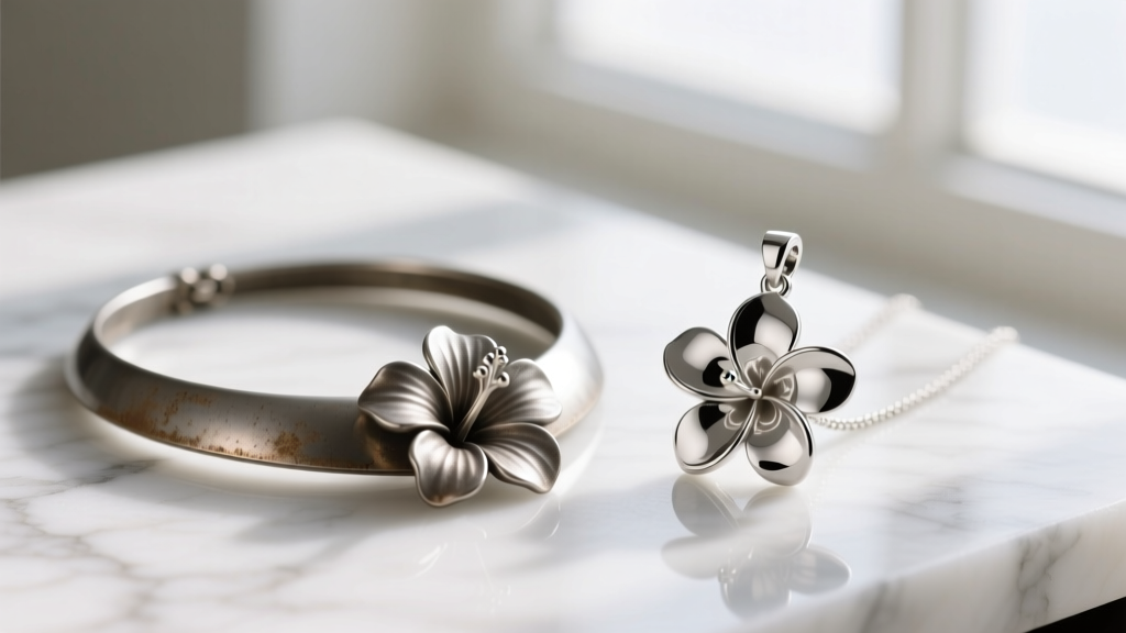 Macro shot comparing a dull alloy hibiscus necklace beside a crisp, high-polish sterling silver plumeria pendant on white marble.