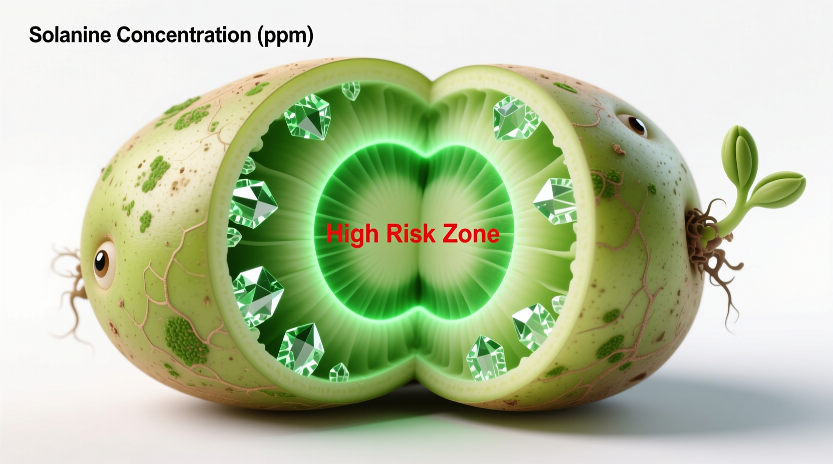 Green potato showing solanine concentration areas