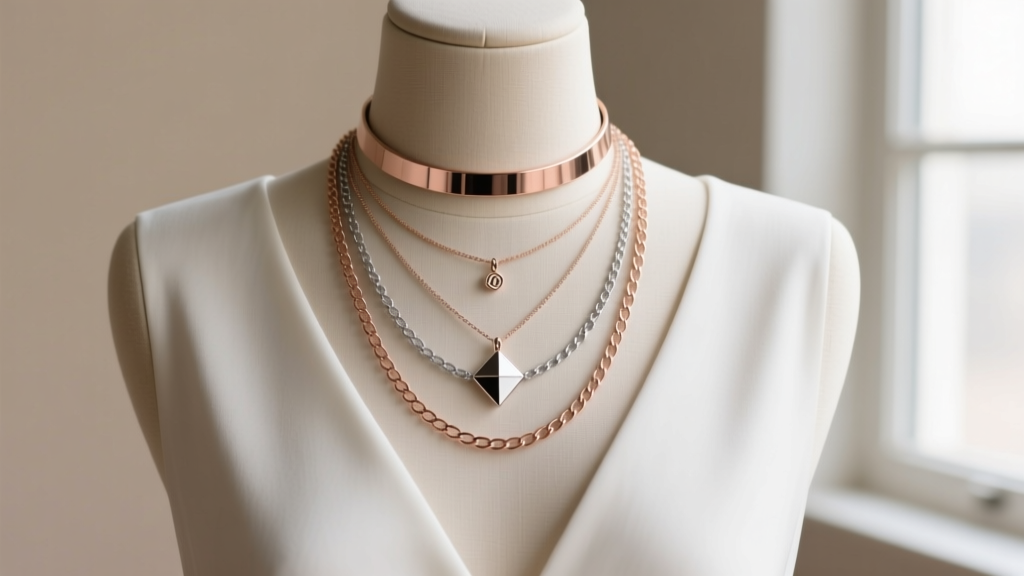 Layered necklace stack featuring a 16-inch choker, 18-inch pendant, and 20-inch plain chain on a mannequin wearing a V-neck top.