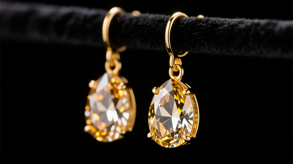 18k yellow gold diamond hanging earrings with briolette cut stones catching soft studio light against dark velvet background