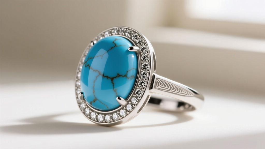 Side profile of a platinum bezel setting securing a domed Persian turquoise cabochon with flush-set diamond accents