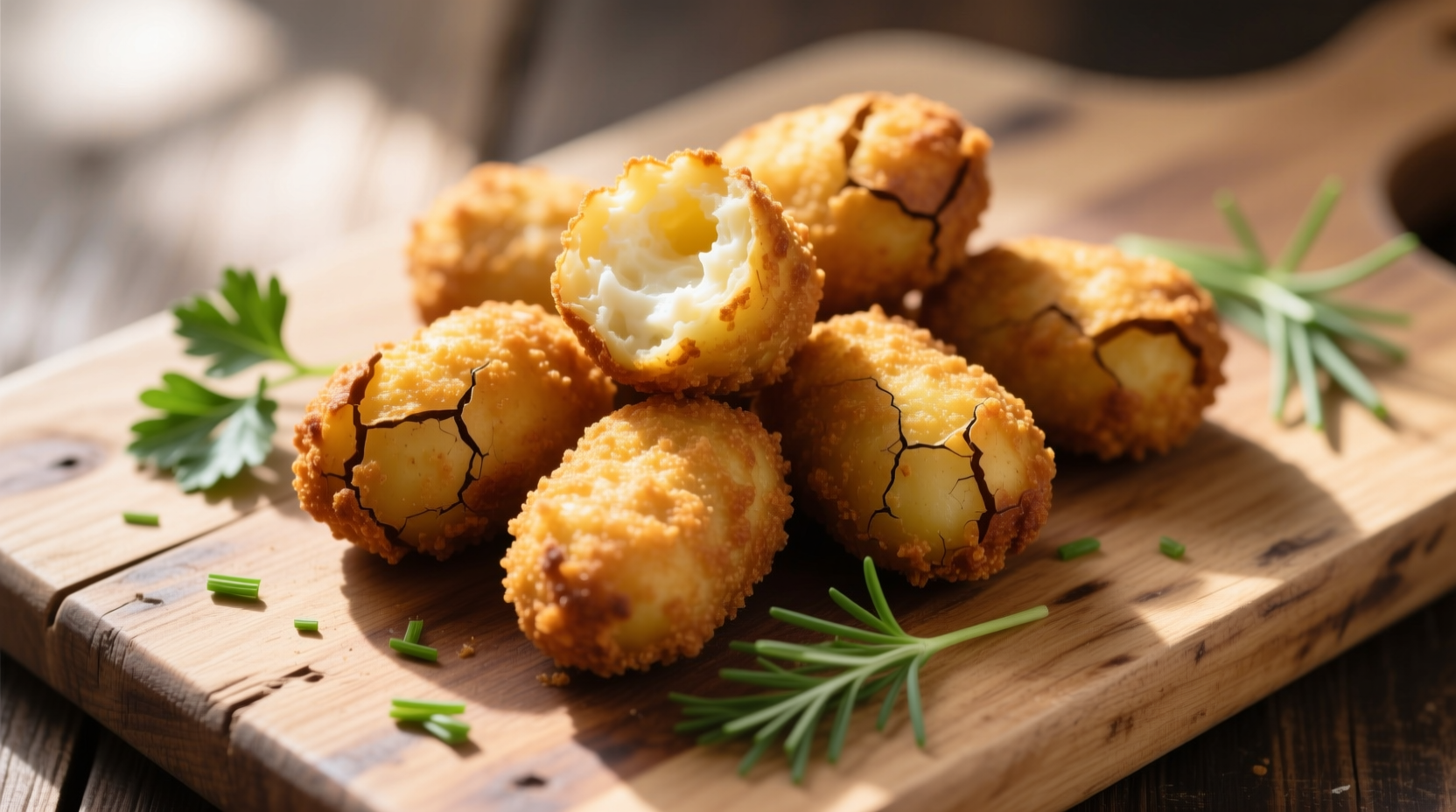 Golden brown potato croquettes on wooden board