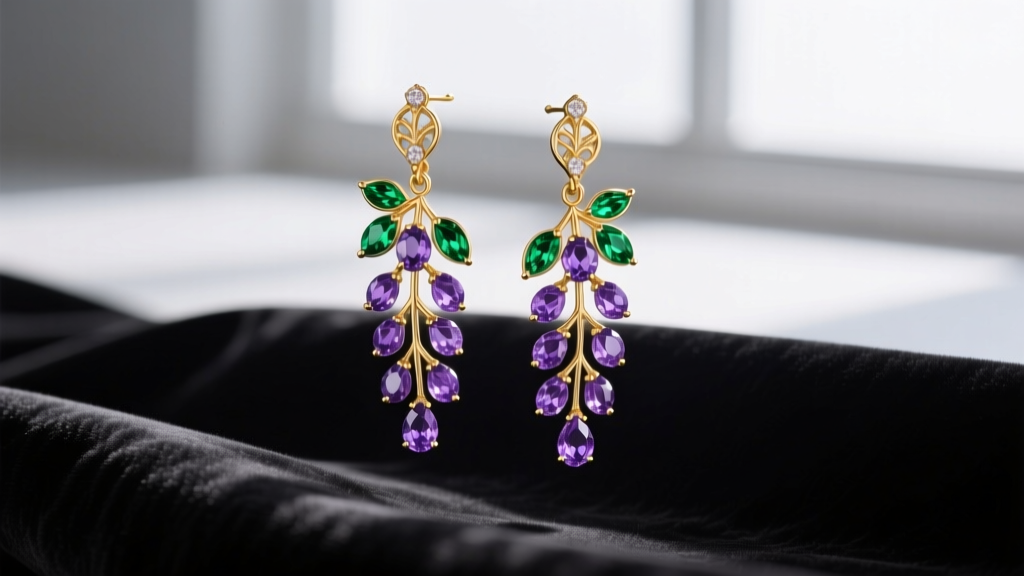 18k gold wisteria drop earrings with cascading lavender sapphire briolettes and tsavorite leaves resting on dark velvet fabric
