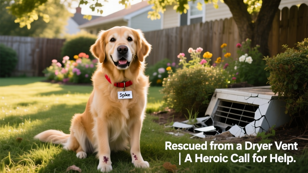 Spike the dog sitting calmly outdoors after rescue, wearing a cheerful expression