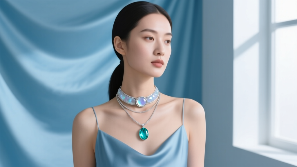 Model wearing a layered 16-inch silver moonstone choker and an 18-inch aquamarine pendant against a soft blue silk top.