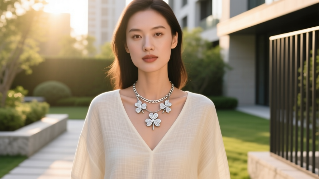 Woman wearing a layered 3 leaf clover necklace with a 16-inch box chain, paired with a casual V-neck linen top in natural light.
