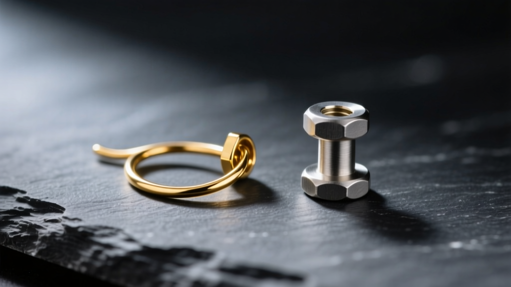 Macro photo comparing a thin 20-gauge gold earring wire with a thick 14-gauge titanium post, resting on a dark slate surface.