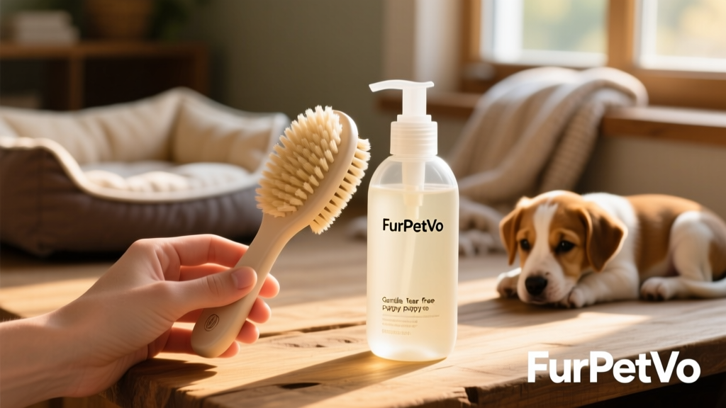 A hand holding a soft-bristled puppy brush next to a bottle of gentle, tear-free puppy shampoo labeled FurPetVo