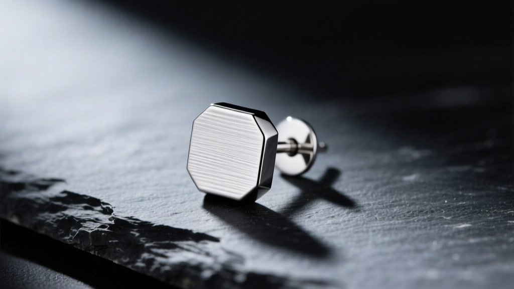 Macro shot of a 925 sterling silver male stud earring with a brushed matte finish, resting on a dark slate surface.