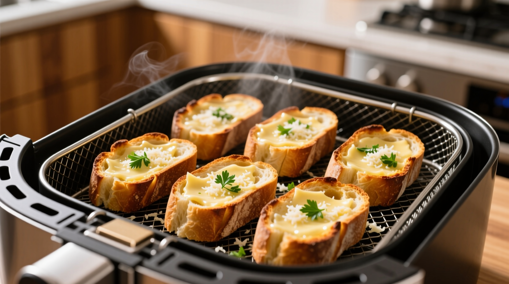 Golden brown garlic bread slices in air fryer basket