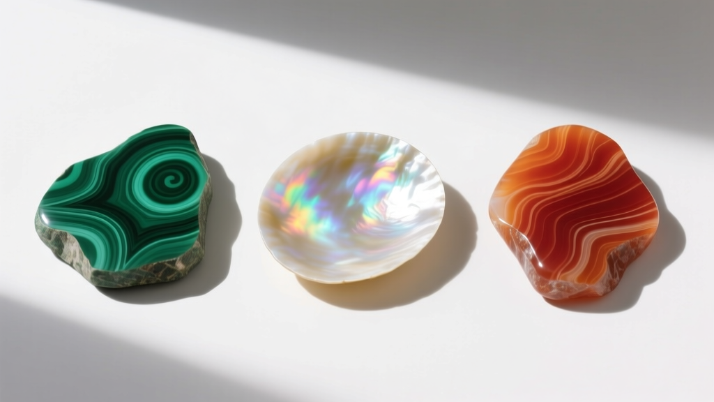 Flat lay of three VCA Vintage Alhambra motifs in malachite, mother-of-pearl, and carnelian showing unique natural stone veining.