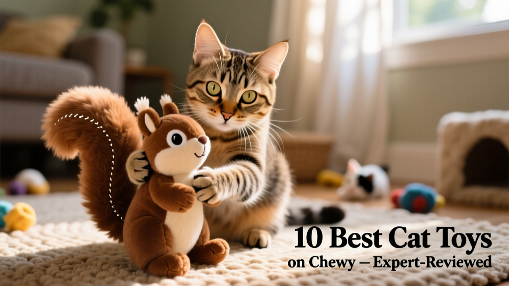 A tabby cat gripping a brown squirrel plush toy with both paws