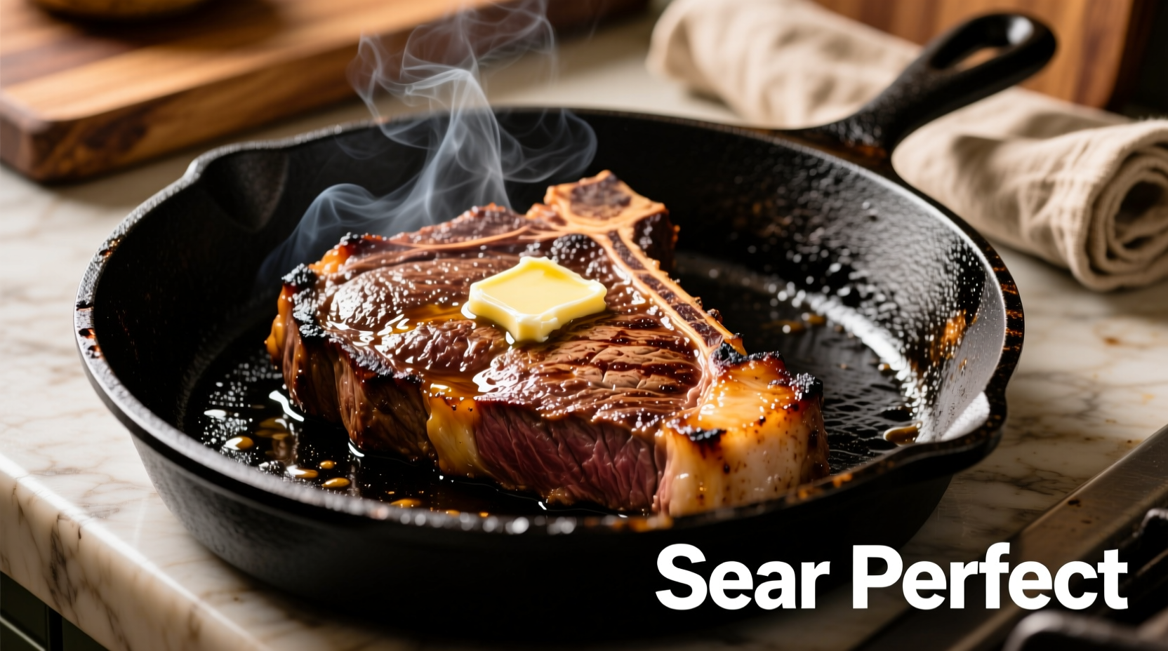 Perfectly seared steak with golden crust in cast iron skillet