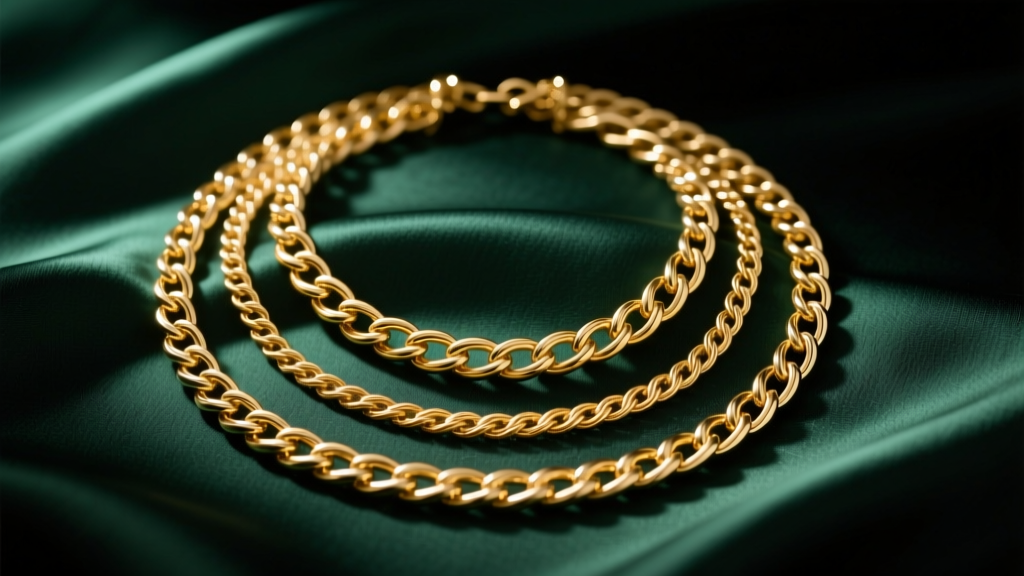 Layered 14kt gold herringbone and cable chains on dark emerald silk fabric, illuminated by soft warm directional studio lighting