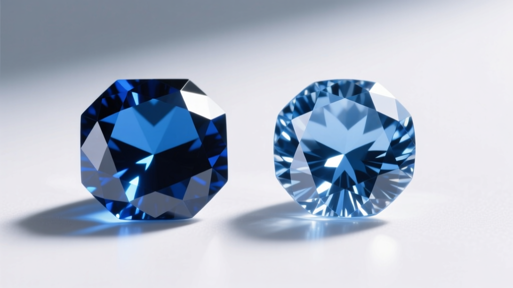 Macro comparison of cobalt-coated cubic zirconia and a boron-doped lab-grown blue diamond showing facet light return and clarity.