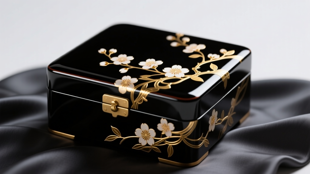 Close-up of a vintage Japanese black lacquer jewelry box with intricate gold maki-e floral motifs resting on a dark silk cloth.