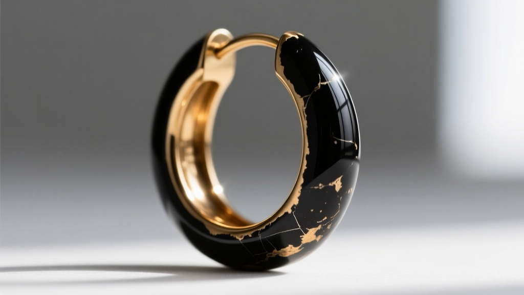 Macro shot of a worn black rhodium plated brass hoop earring edge, revealing brassy metal undertone beneath the fading dark finish.