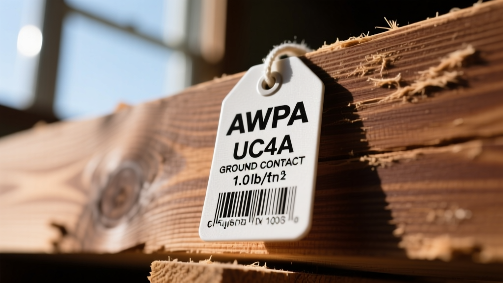 Close-up of an AWPA end tag displaying the UC4A ground contact designation and chemical retention level on treated lumber
