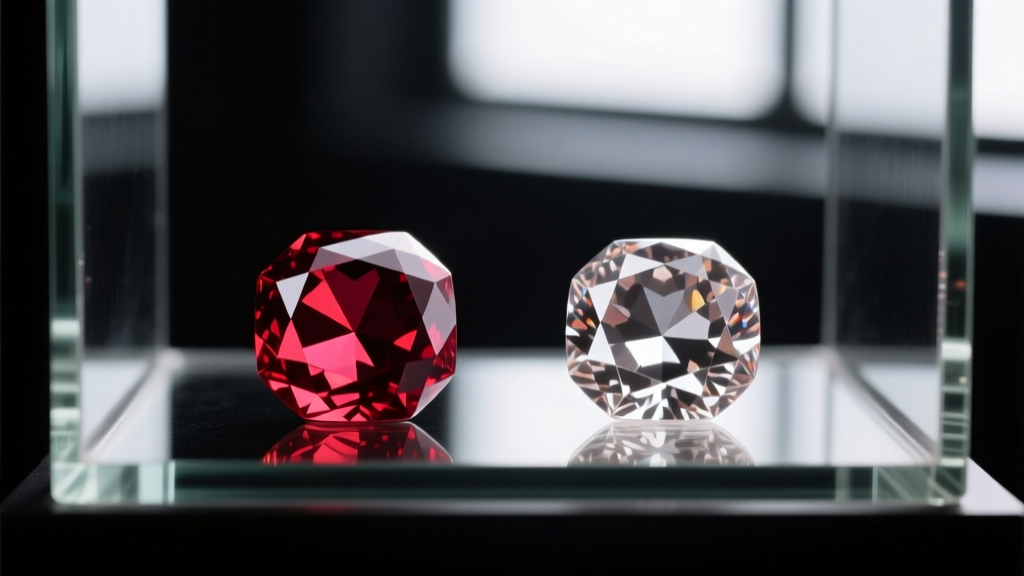 Macro gemological view comparing a ruby's internal silk inclusions beside the nacre growth rings of a cultured white pearl.