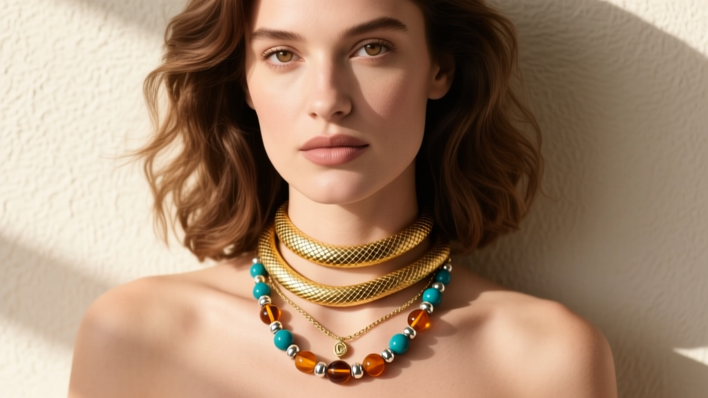 A woman wearing a layered necklace stack featuring a gold snake choker and a beaded friendship bracelet converted onto a chain.