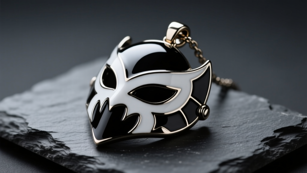 Close-up of a glossy black and white enamel Hollow Knight mask pendant on dark slate, illuminated by soft moody studio lighting