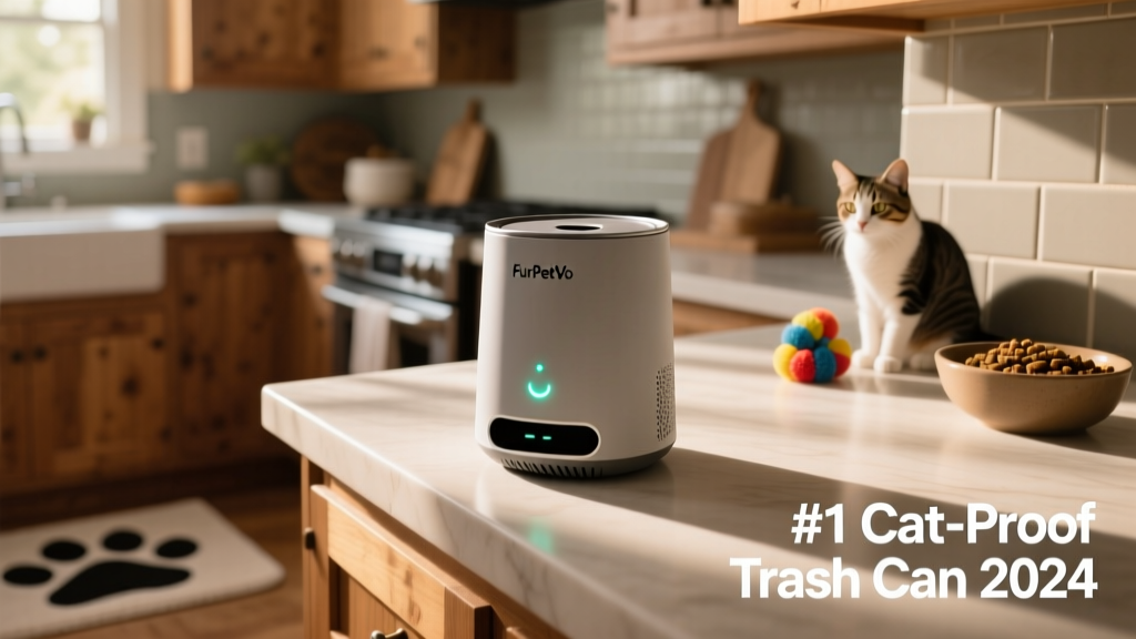 FurPetVo Pet-Proof Sensor Can on a kitchen counter, showing LED status indicator and compact footprint