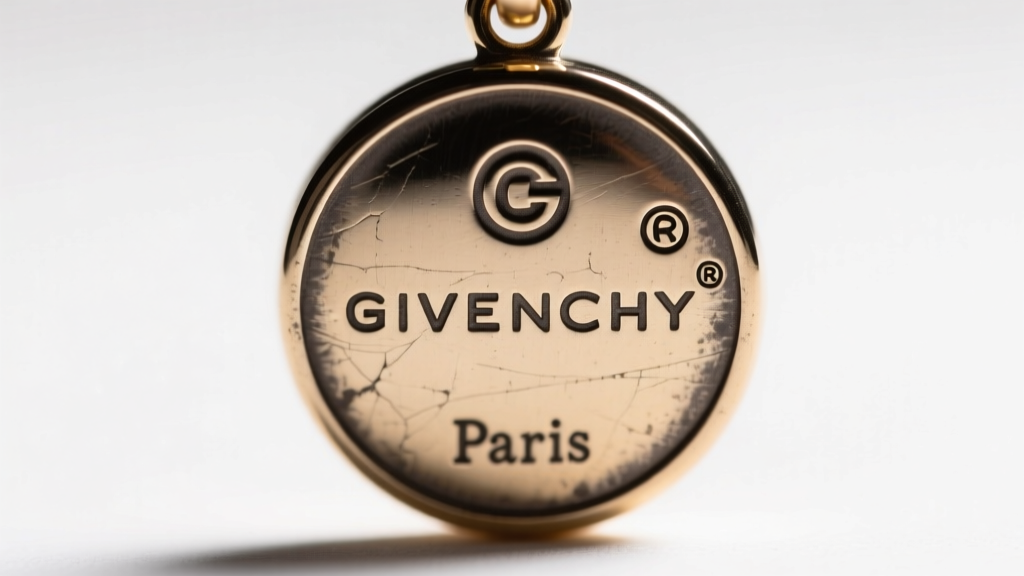Macro shot of a vintage Givenchy pendant back showing the stamped copyright symbol, registered trademark, and Paris hallmark.