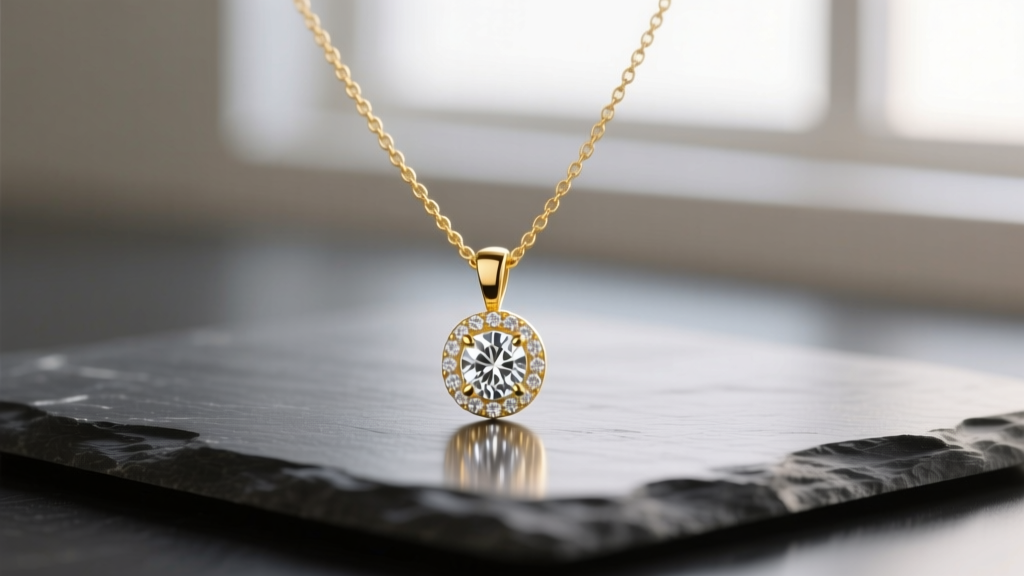 Delicate K10 yellow gold Japanese minimalist necklace with a micro-pave diamond pendant on dark slate in soft lighting