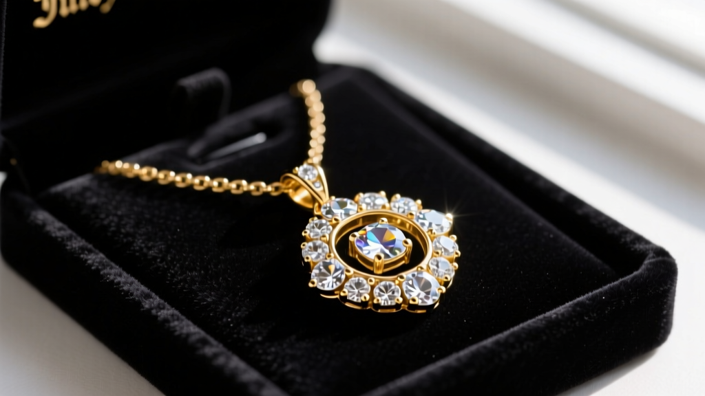 Macro shot of a gold-plated Juicy Couture pendant necklace with clear rhinestones resting on a dark velvet jewelry display tray.