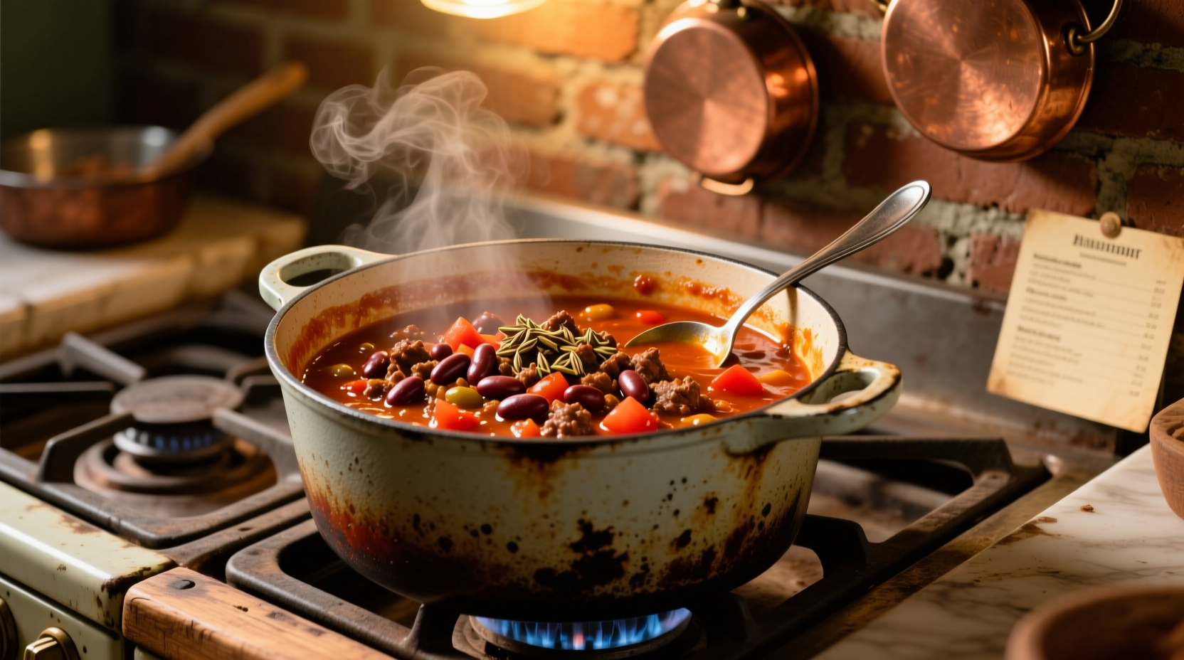 Homemade chili with tomato sauce in cast iron pot