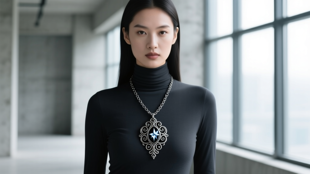 Model wearing a dark turtleneck layered with a black rhodium chain and large gothic fantasy amulet resting on the collarbone.